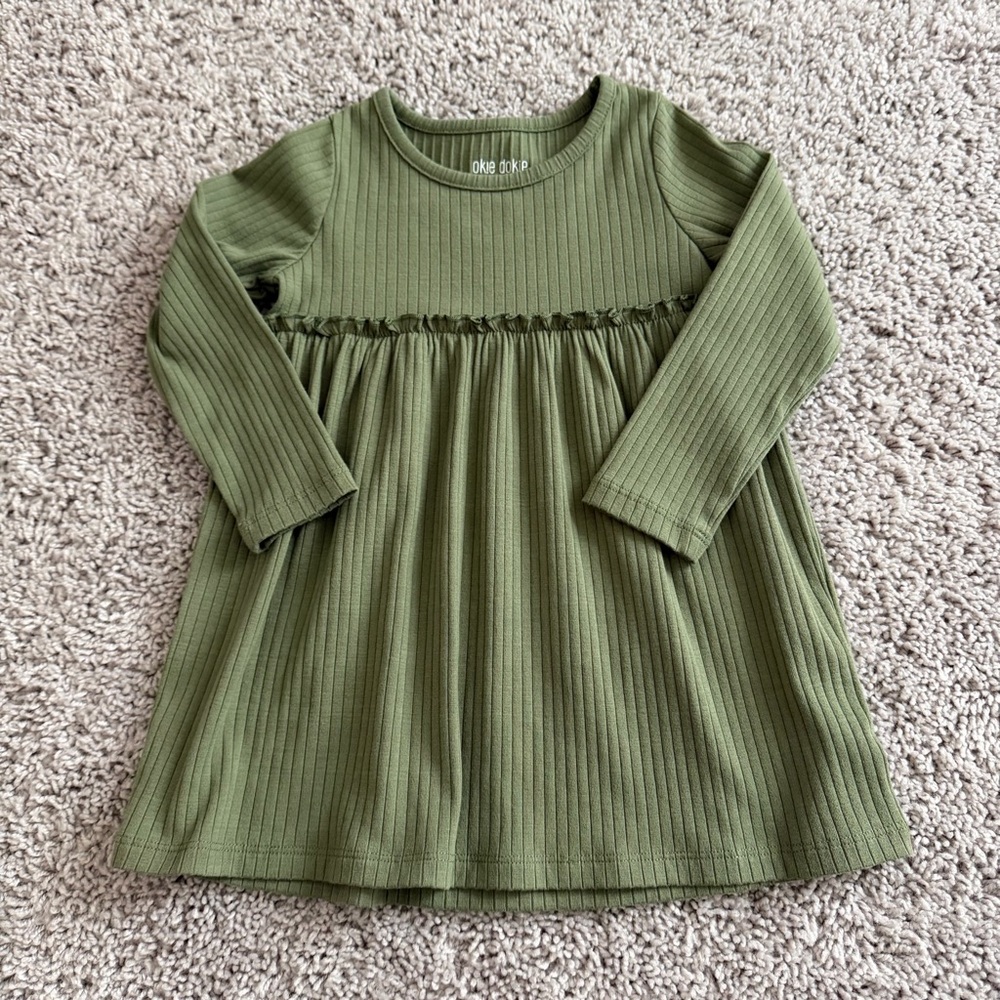 Olive Green Ribbed Long-Sleeve Dress